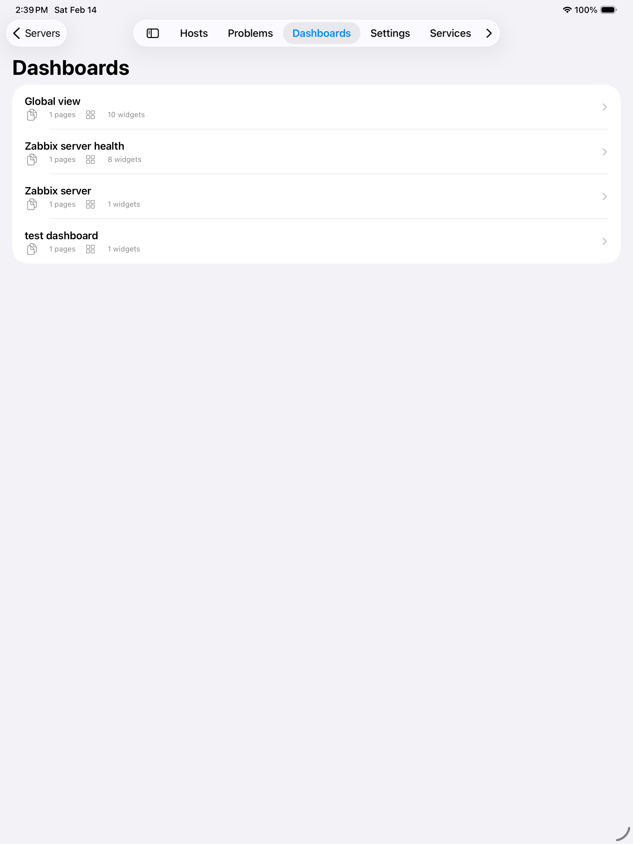 Grafo on iPad - Dashboard list