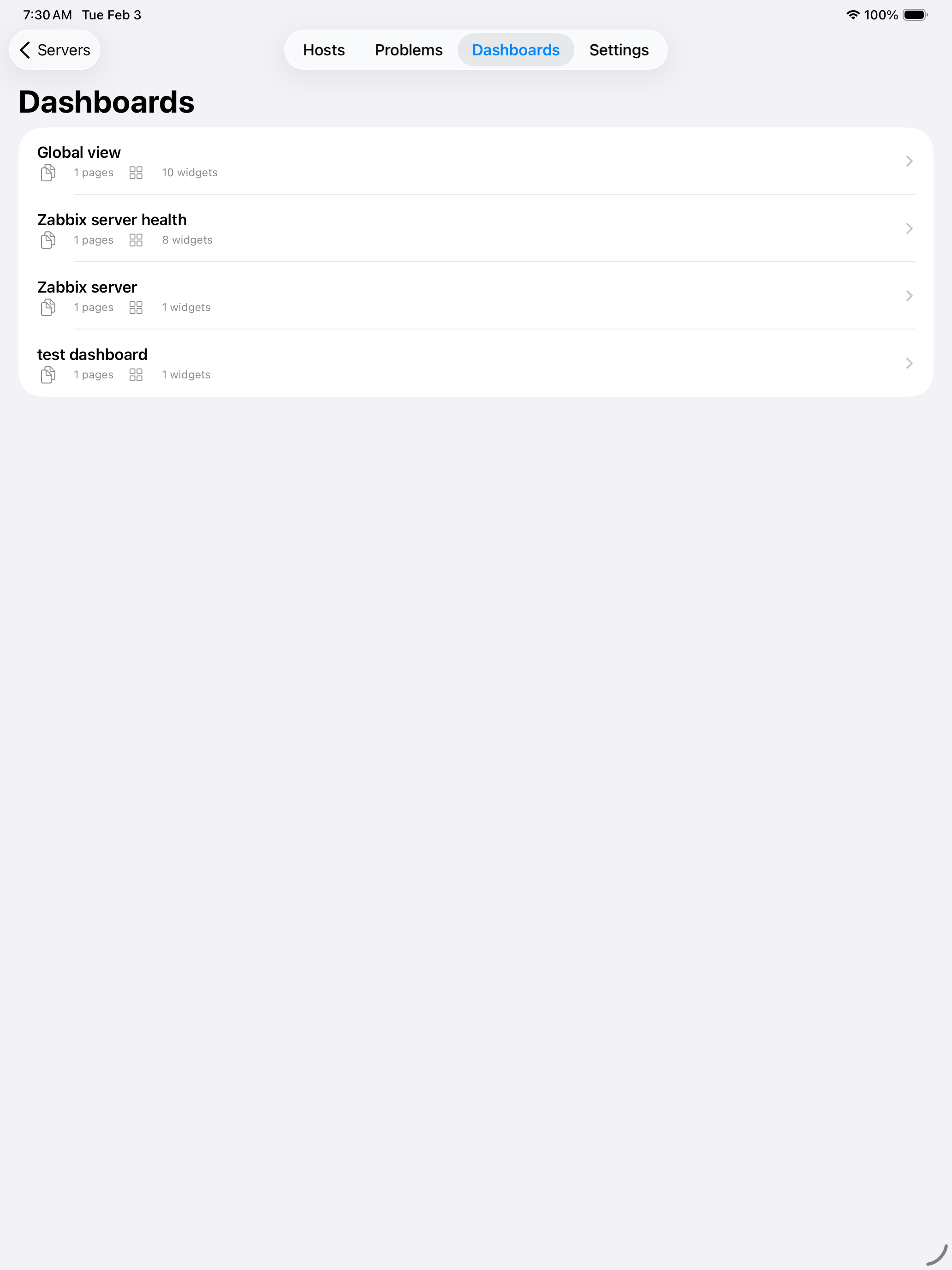 Grafo on iPad - Dashboard list