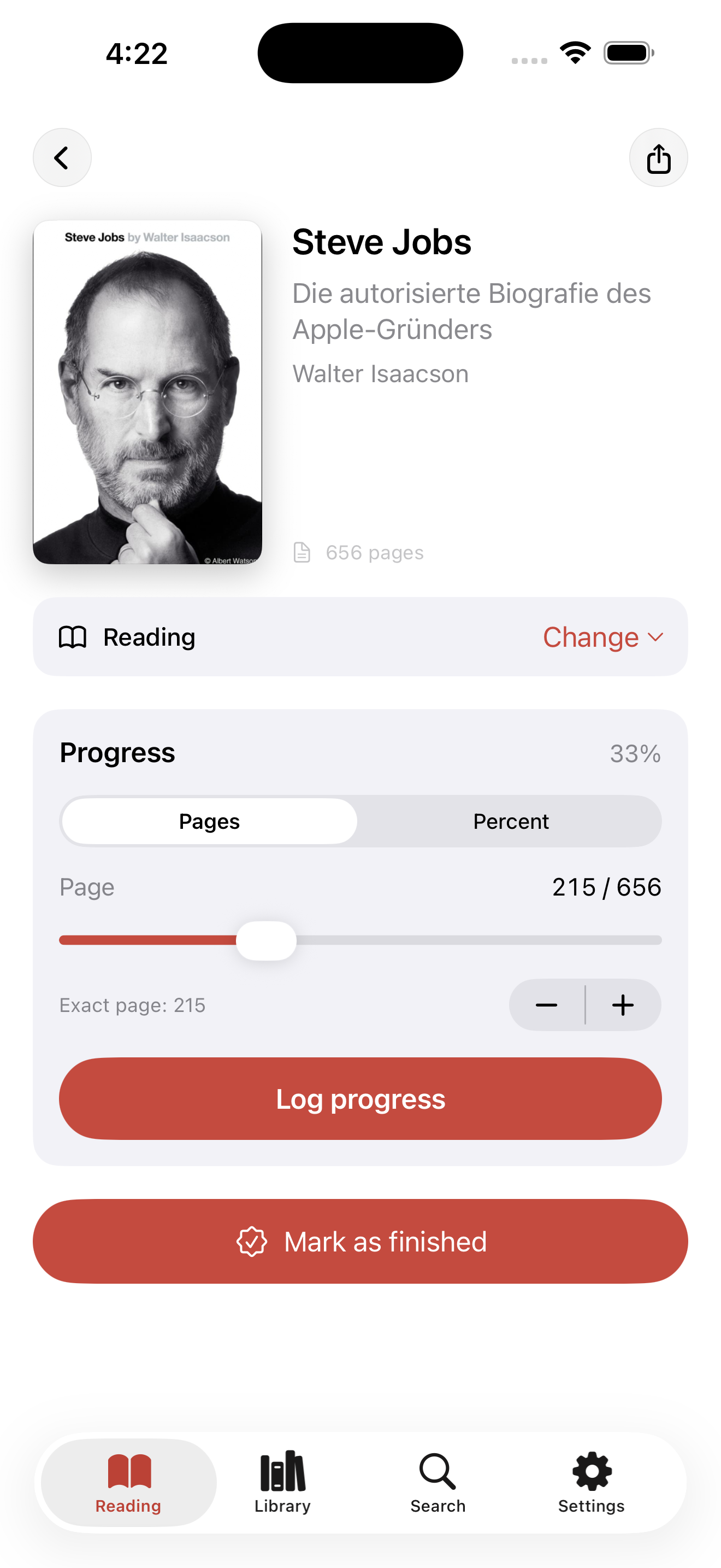 Book detail with progress editor