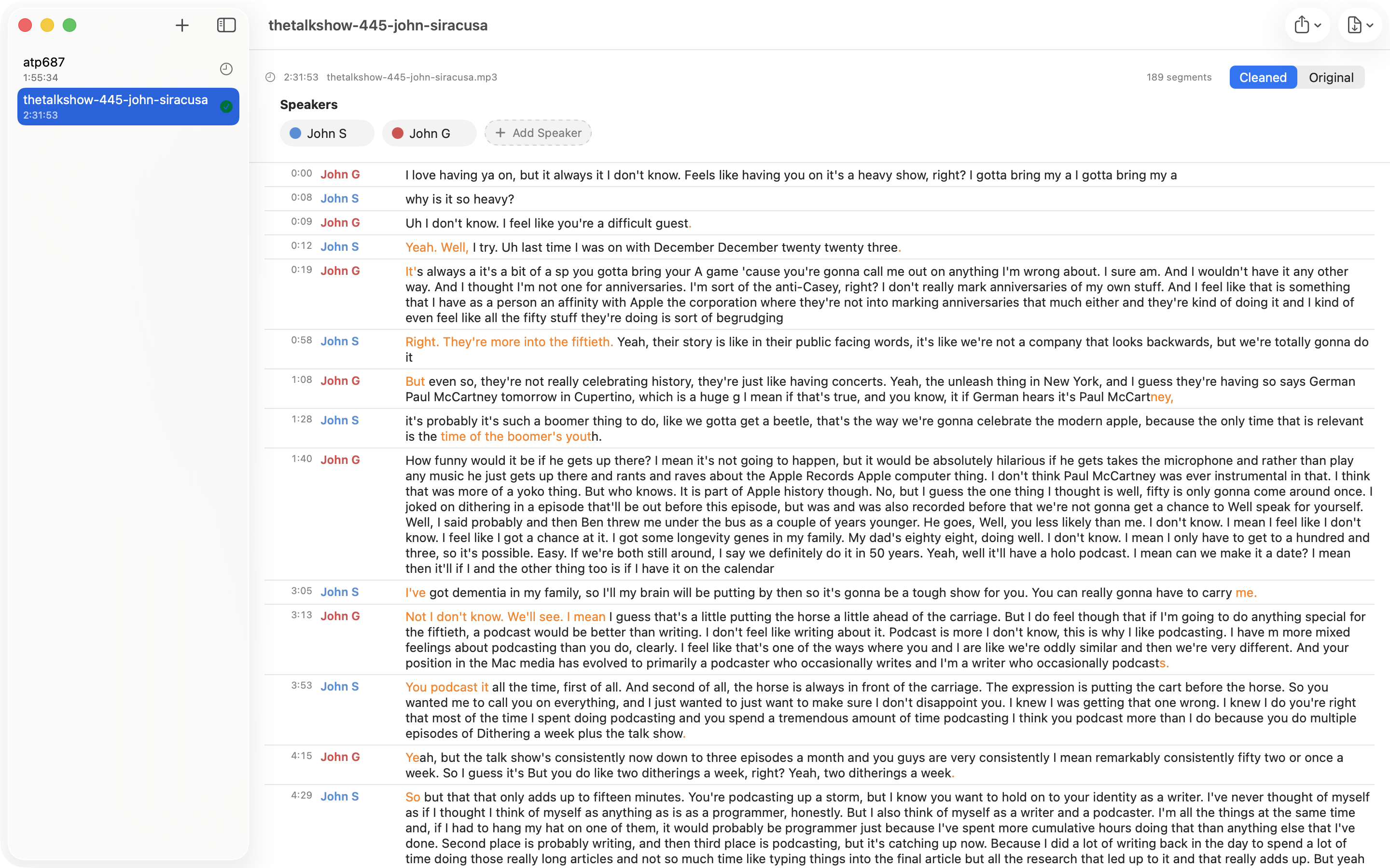 Teksto app showing a transcript with speaker labels and word-level editing